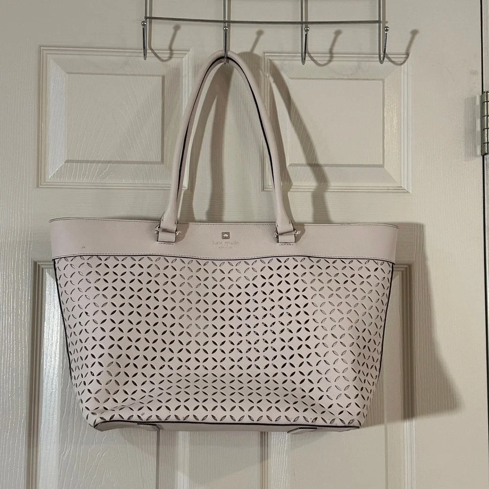 Kate Spade New York Pink Perforated Laser Cut Saffiano Leather Tote Bag Large